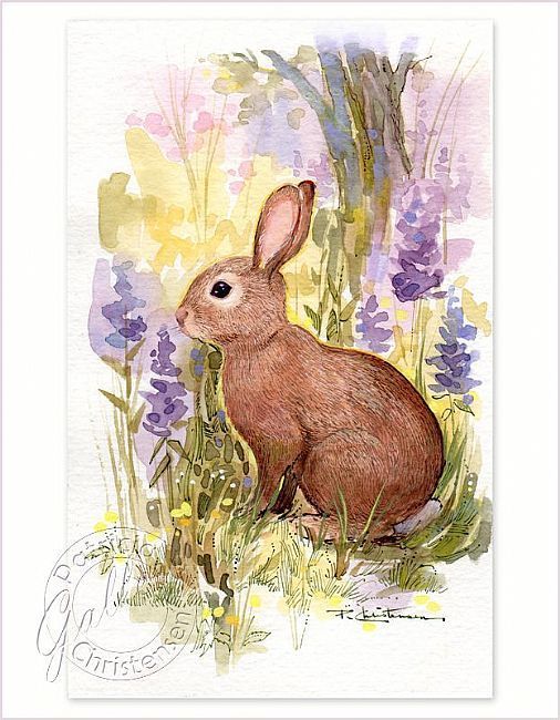 a watercolor painting of a rabbit sitting in the grass with purple flowers behind it