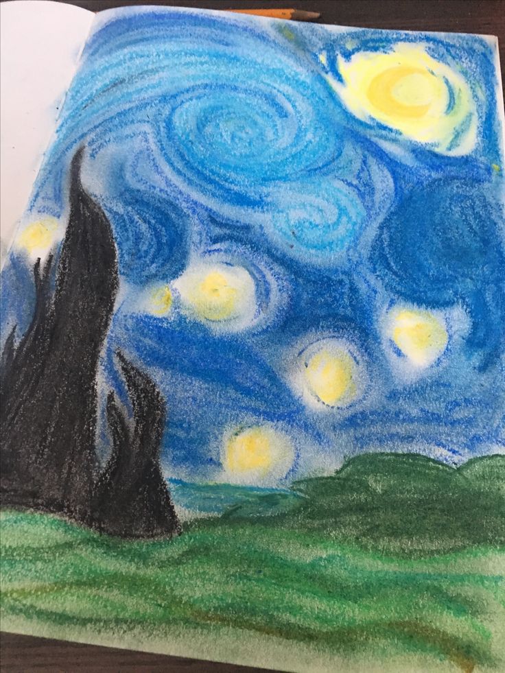 a drawing of a starry night with trees and mountains in the foreground, on top of a book