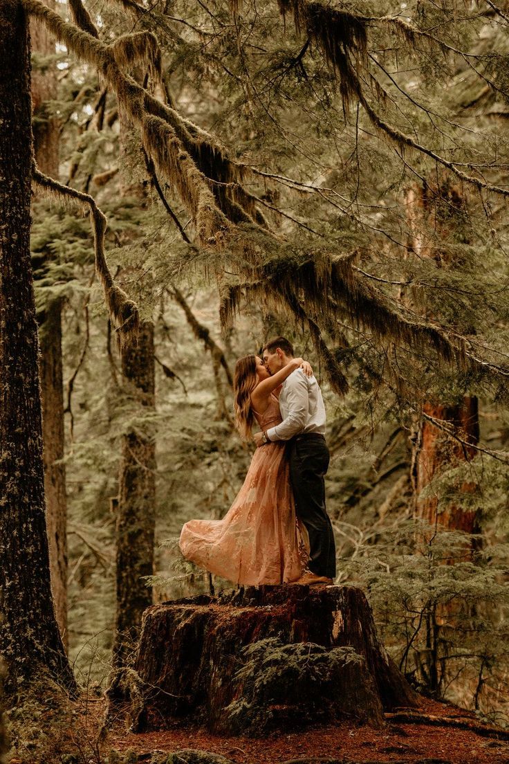 a man and woman standing on top of a tree stump in the forest hugging each other