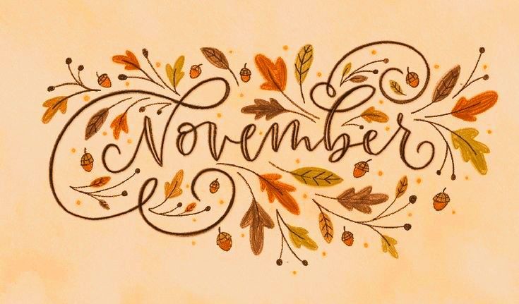 the word november written in calligraphy surrounded by leaves and acorns on a beige background