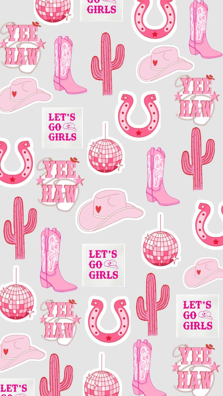 pink and white stickers with cowboy boots, hats, and lasso on them