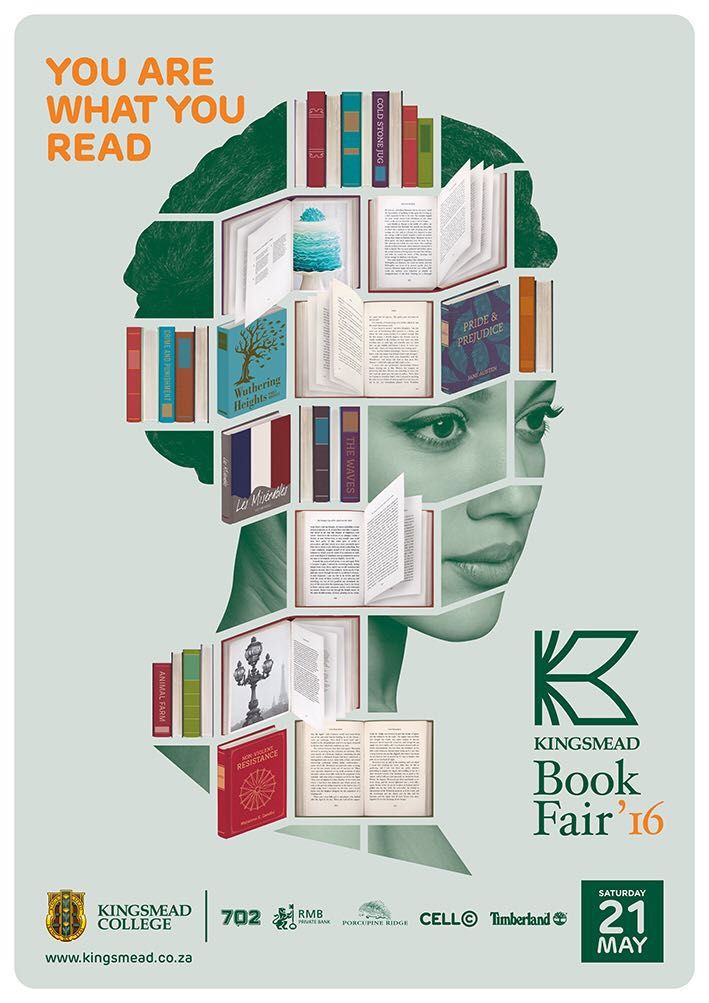 an advertisement for the book fair with books stacked on top of each other in front of a woman's face