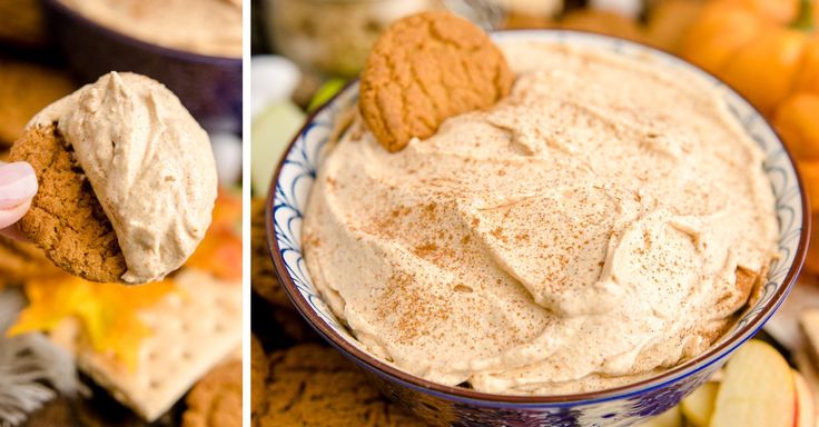 two pictures showing the process of making an apple cider dip with cookies and apples