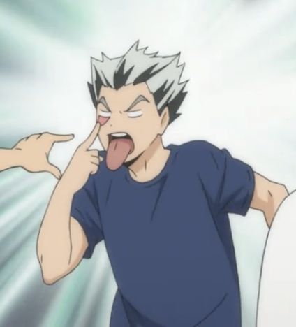 an anime character with his tongue out and another person pointing to the side behind him