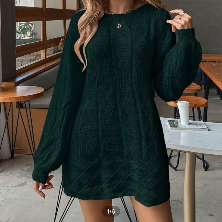 Shein Green Sweater Dress Green Fall Dress Outfit, Green Crew Neck Dress For Fall, Solid Crew Neck Winter Dresses, Green Long Sleeve Mini Dress For Winter, Green Crew Neck Winter Dress, Green Winter Dress, Green Sweater Dress Outfit, Casual Green Stretch Sweater Dress, Emerald Green Sweater Dress