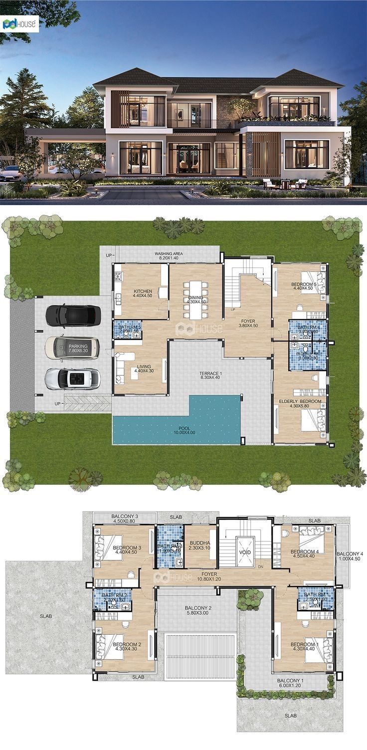 two story house plans with an open floor plan and pool in the middle, surrounded by grass