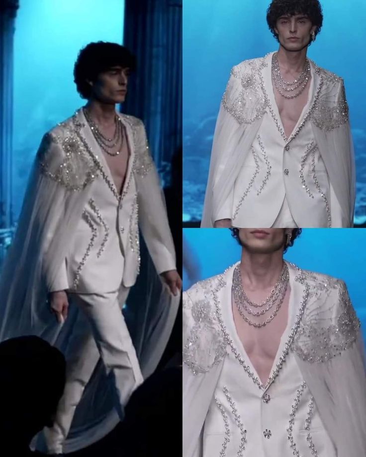 Lace Male Outfit, Metgala Inspired Outfits Men, Royal Core Aesthetic Outfits Men, Suit With A Train Men, Extra Suits Men, Men Special Occasion Outfit, Mens Met Gala Looks, Male Bride Outfit, Prince Costume Aesthetic