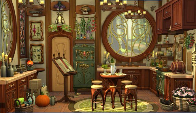 Sims 4 Witch House, Hobbit Kitchen, Witch House Interior, Witches House, Witch Room, Witch Cottage, Magic House, Sims 4 House Plans, Sims 4 House Building