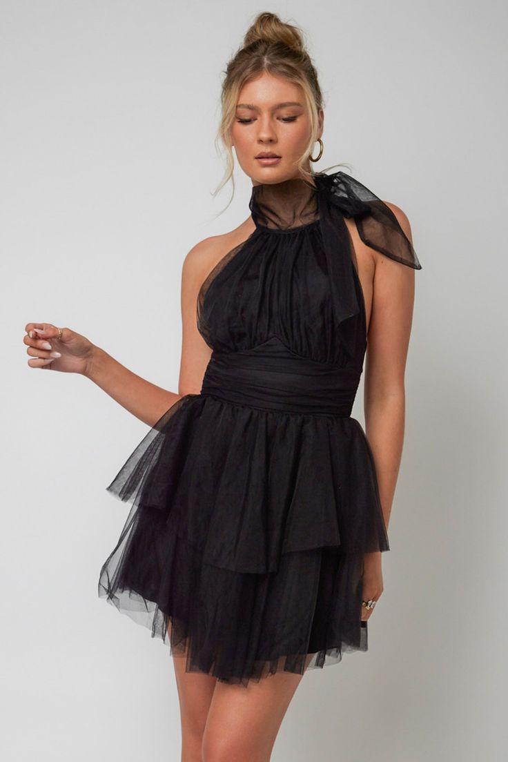 Andria Halterneck Tulle Mini Dress Black by Selfie Leslie Black Masquerade Dress Short, Classy Black Cocktail Dress, Black Selfie, Ballet Birthday, Concert Fit, Tulle Mini Dress, Selfie Leslie, Satin Clutch, Yellow Bridesmaids