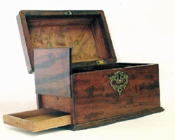 an old wooden box with two drawers