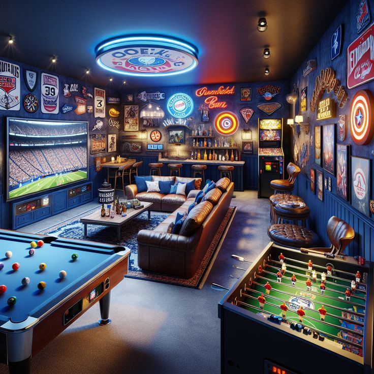 Immerse yourself in this electrifying man cave, complete with a home bar, gaming consoles, flat-screen TV, vintage pinball, pool table, dart board, and sports memorabilia. The cozy carpeted space boasts deep blue walls adorned with neon signages and quirky posters. #Mancave #HomeBar #GameRoom #SportsMemorabilia #NeonSigns #VintagePinBallMachine Small Basement Sports Bar Ideas, Game Media Room Ideas, Rec Room Design Ideas, Pinball Game Room, Basement Ideas Gaming, Man Cave Movie Room, Gaming Room Man Cave, Industrial Game Room Ideas, Finished Basement With Pool Table