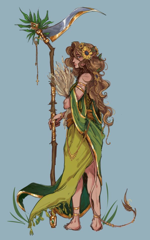 a woman with long hair and green dress holding a spear in her hand, while standing next