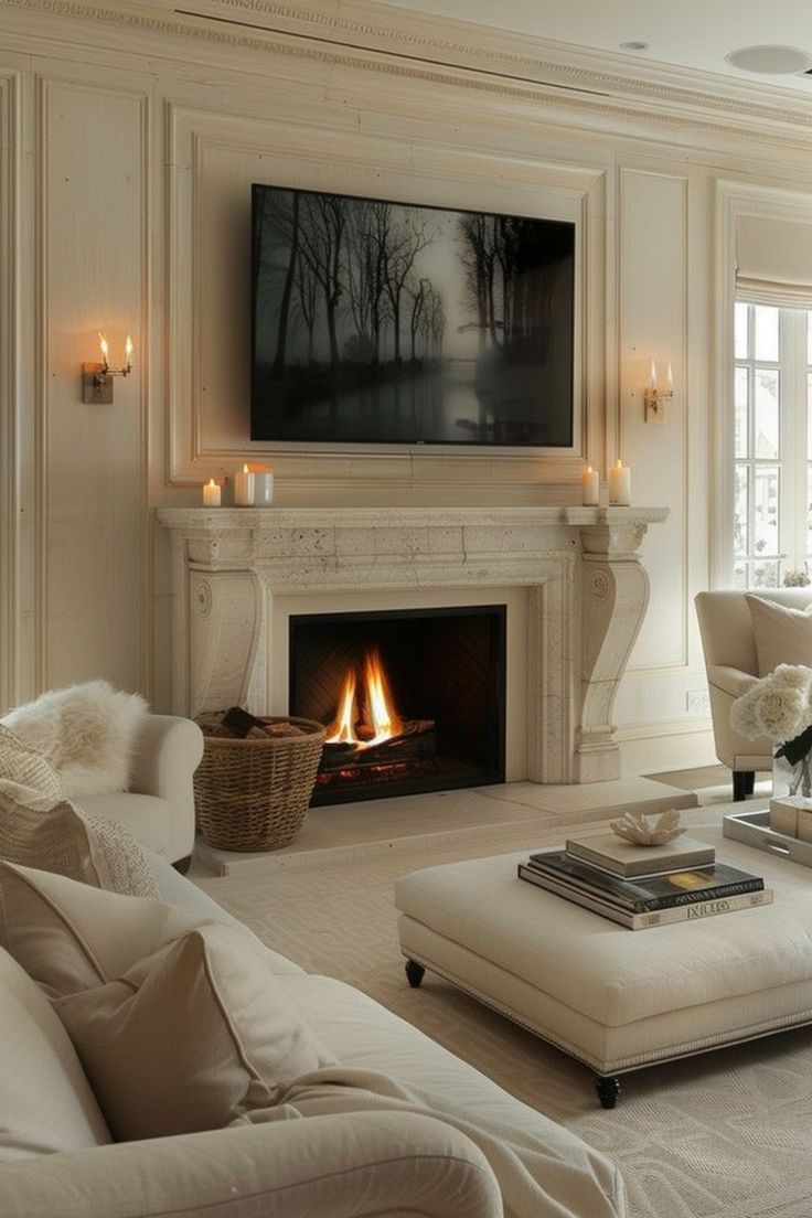 a living room filled with furniture and a fire place in front of a flat screen tv