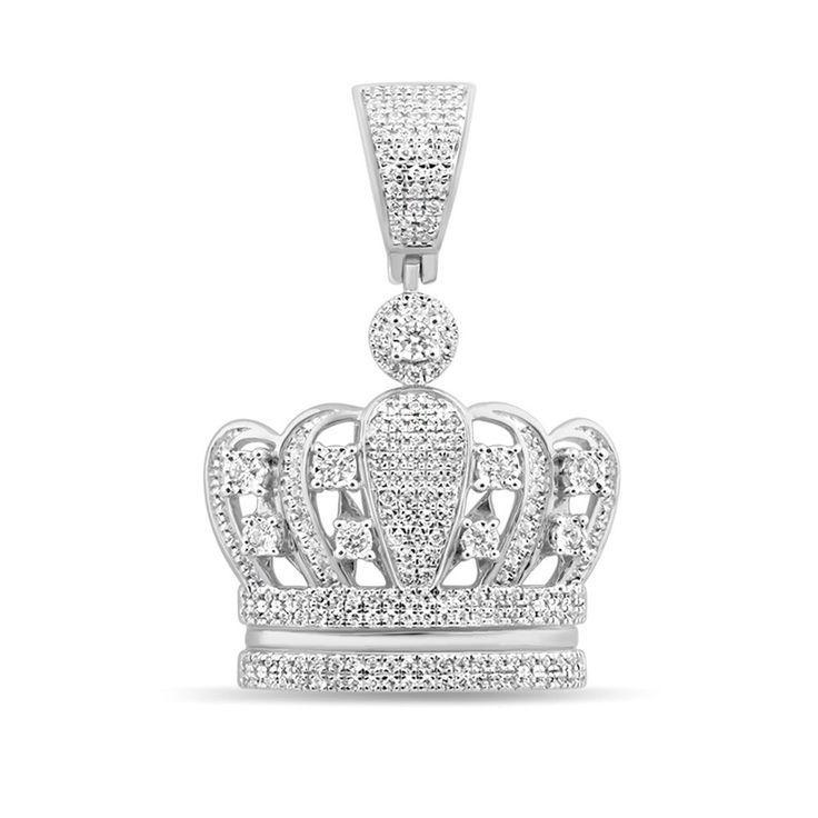 This commanding crown pendant makes a sublime statement, especially paired with a dashing chain from our wide selection of chain necklaces. Nine brilliant and 210 single-cut diamonds mark its kingly stature and bring the bling in sterling silver. | Men's Diamond Crown Pendant Necklace | Helzberg Diamonds Luxury White Gold Jewelry With Large Pendant, Luxury Crown Design Jewelry For Formal Occasions, White Gold Large Pendant Fine Jewelry, Fine Jewelry White Gold Large Pendant, Fine Jewelry Large Pendant In White Gold, Luxury Crown Design Jewelry In Cubic Zirconia, Luxury Round Crown Design Jewelry, Luxury Cubic Zirconia Jewelry With Crown Design, Luxury Cubic Zirconia Crown Design Jewelry