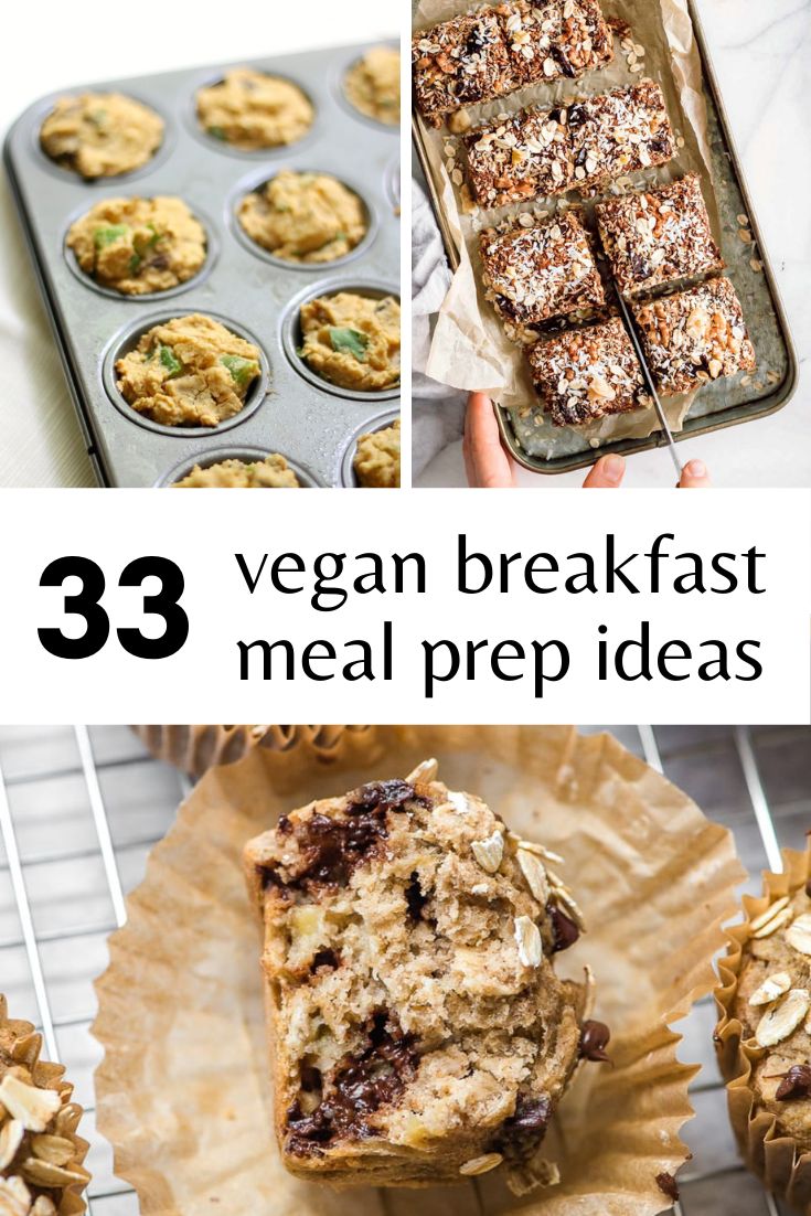 collage of vegan breakfast meal prep ideas including muffins and cupcakes