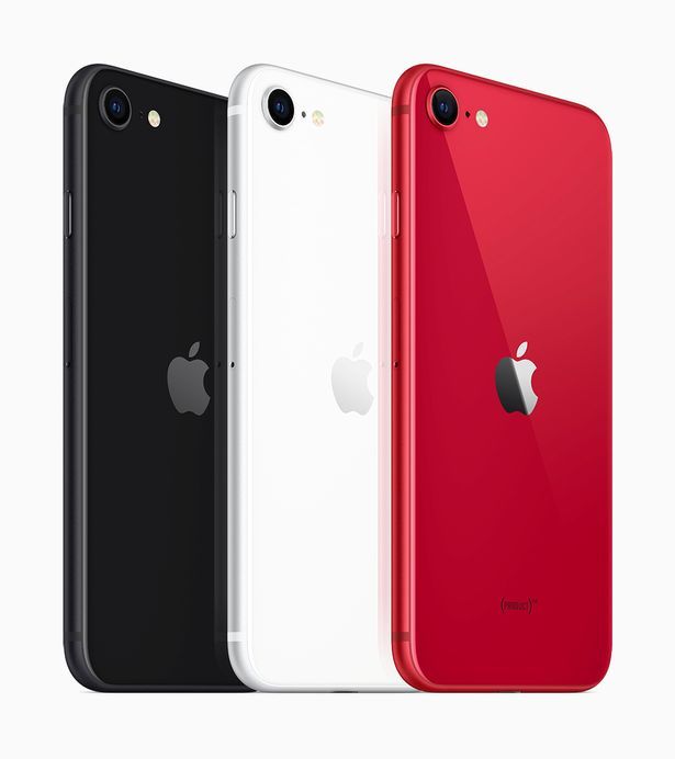 three iphones are shown side by side, one is red and the other is white