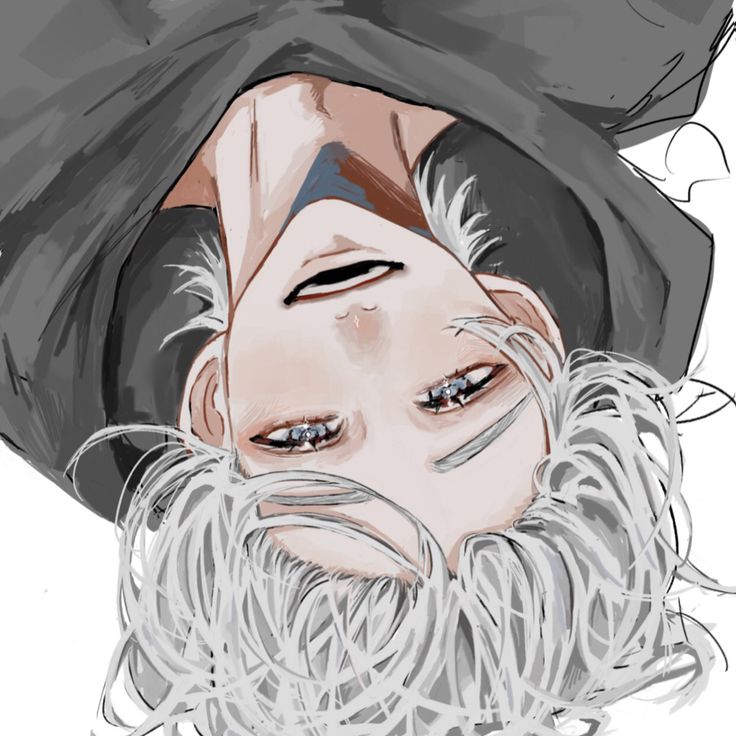 a drawing of a man with long white hair and beard wearing a black hat on top of his head