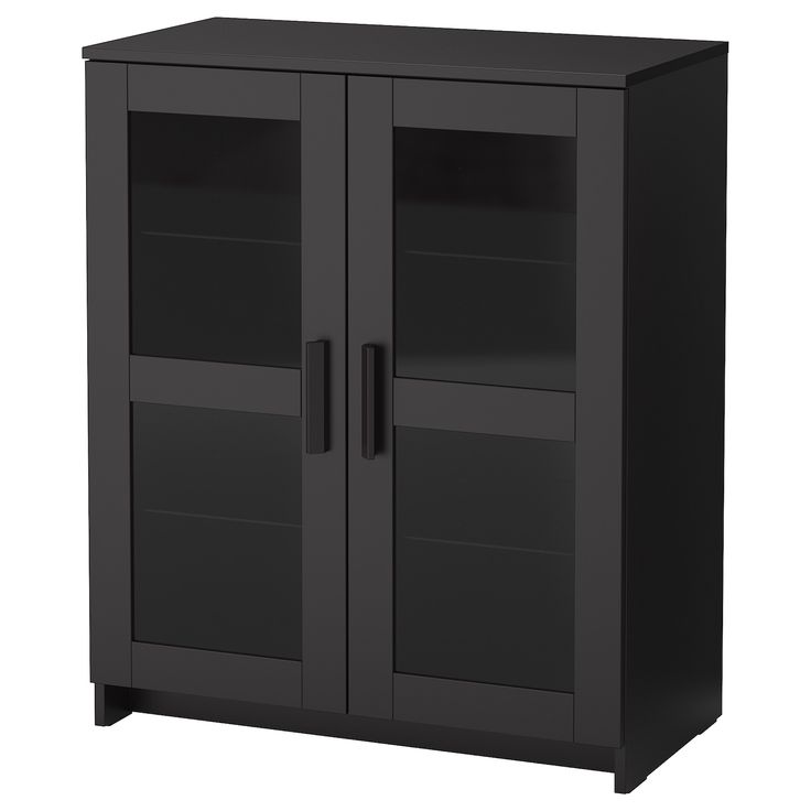 a black cabinet with two doors and shelves