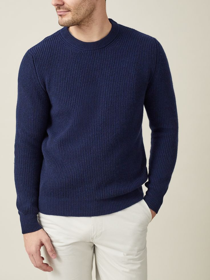 Our refined crew neck is knitted from pure four-ply cashmere in Bergamo, Northern Italy. It’s designed with a ribbed chunky knit finish and offers a slightly more relaxed fit than our [b][u][url="/shop/cashmere-knitwear" title="two-ply knitwear"]two-ply knitwear[/url][/u][/b]. Crafted with a gauge 7 knit and weighing approximately 450 grams, it provides an extra layer of warmth for a cosy embrace.     We are proud to source only the finest A-grade fibres to produce superior cashmere yarn in the Apres Ski Wear, Chunky Jumper, Cashmere Accessories, Cashmere Yarn, Cotton Chinos, Wool Trousers, Northern Italy, Crew Neck Jumper, Knitwear Design