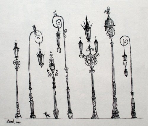 an ink drawing of street lamps in different styles and sizes, all lined up against a white background