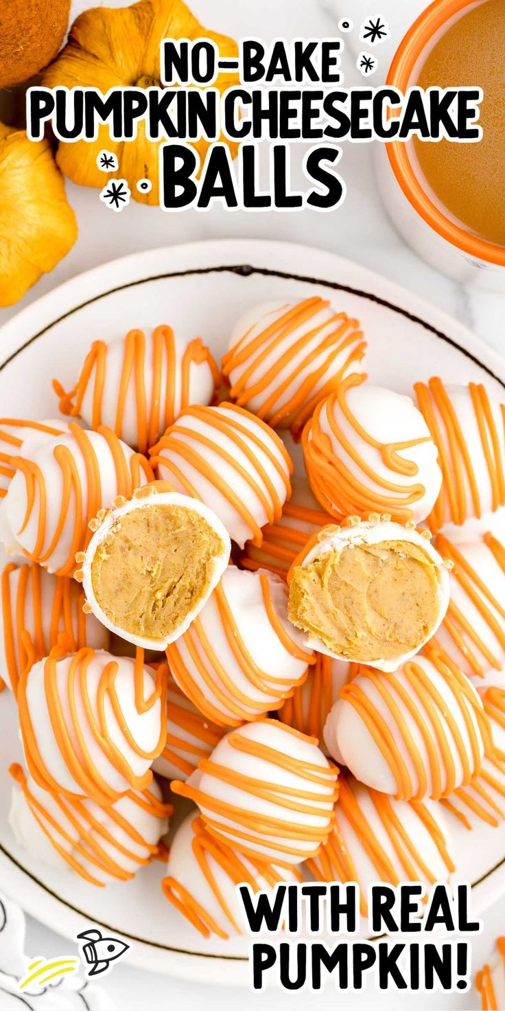 no bake pumpkin cheesecake balls on a white plate with orange and white stripes