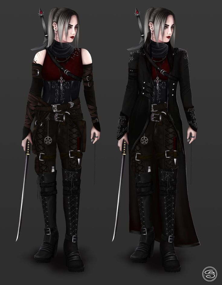 the female character is dressed in black and red