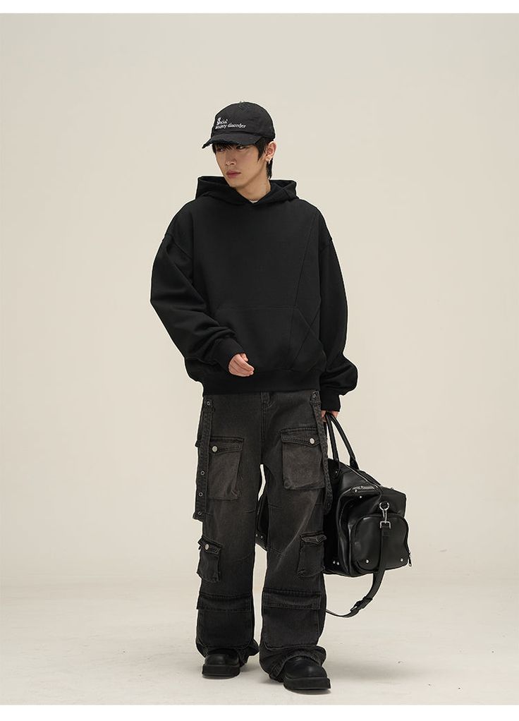 Heavy cotton hoodie, paneled construction, rib knit cuffs and hem, dropped shoulders, kangaroo pocket. Composition - Cotton Sizing: US/EU Regular Fit Model: 178cm/58kg 5’10/128lbs wearing size L Black Techwear Hoodie With Pockets, Winter Techwear Sweatshirt With Pockets, Relaxed Fit Hooded Hoodie With Pockets, Fall Streetwear Sweatshirt With Side Pockets, Oversized Cotton Hoodie With Side Pockets, Urban Black Hoodie With Pockets, Streetwear Relaxed Fit Sweatshirt With Pockets, Winter Black Sweatshirt With Pockets, Black Hoodie With Pockets For Urban Adventures