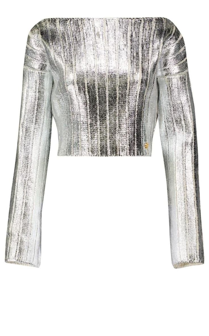 Balmain Silver Cropped Wool-blend Sweater | Runway Catalog Balmain Sweater, Knitted Tops, Wool Blend Sweater, Boat Neck, The Golden, Metallica, Wool Blend, Bell Sleeve Top, Lace Top