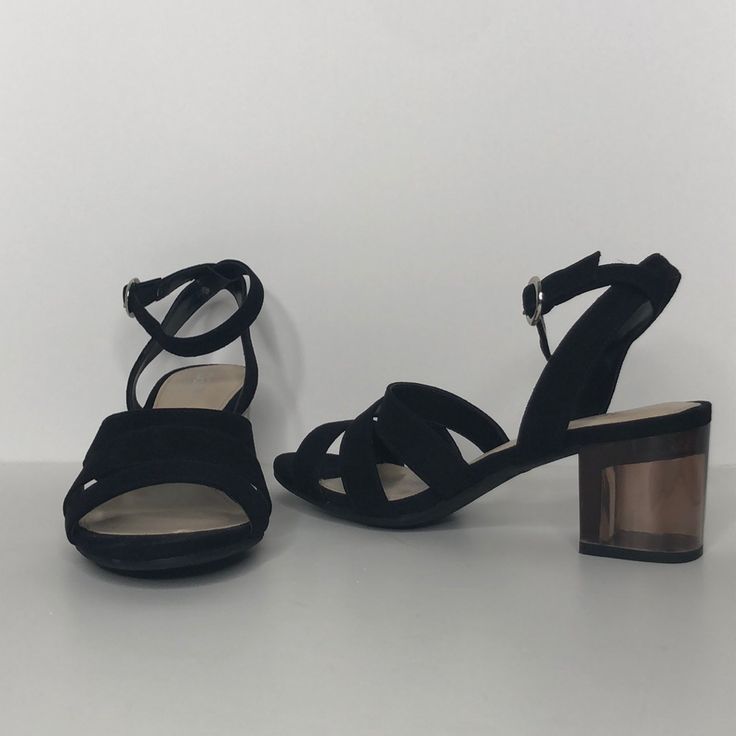 Bar Iii Black Faux Suede Strappy Peep Toe Clear Heel Sandals Approximately 2.5" Chunky Heel. New Without Tag, No Box. Size 9 Clear Heels, Chunky Heel, Heel Sandals, Chunky Heels, Women's Shoes Sandals, Faux Suede, Sandals Heels, Shoes Sandals, Women Shoes