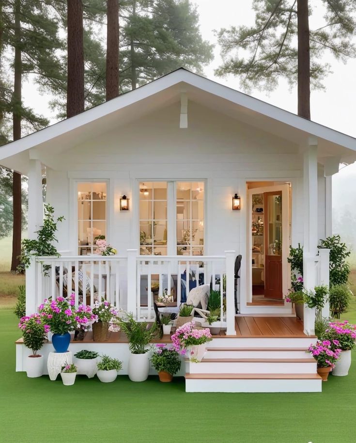 a small white house with potted plants on the porch and steps leading up to it