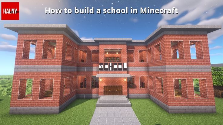 a large red brick building with the words how to build a school in minecraft