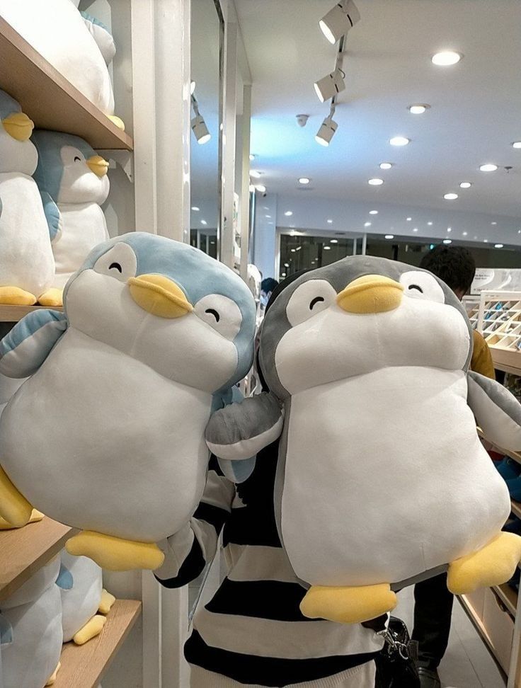 two stuffed penguins are standing next to each other in front of the store's shelves