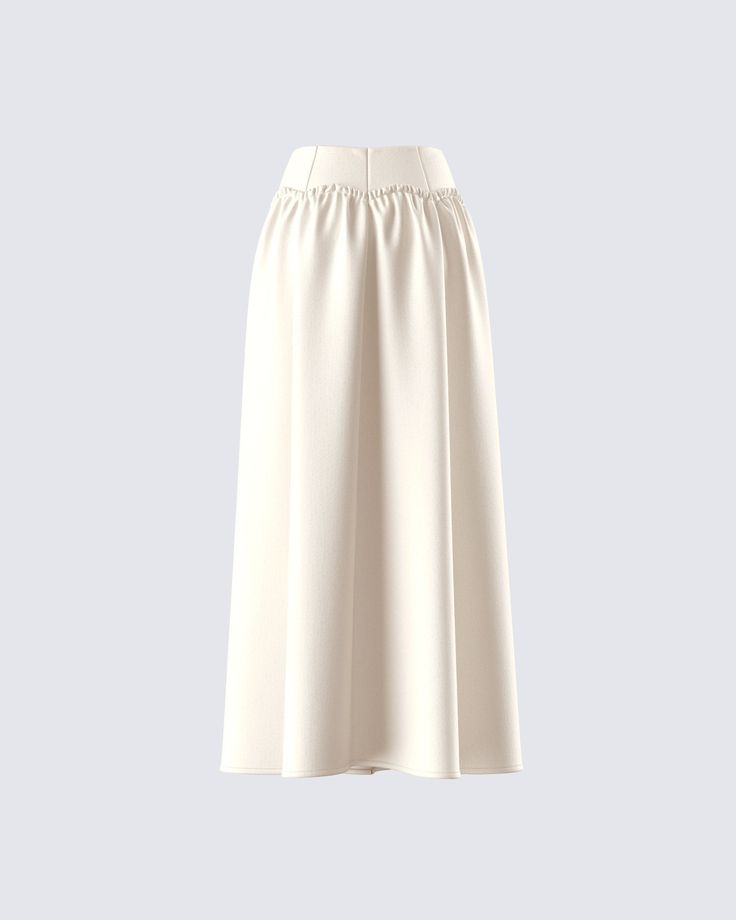 Elevate your look with this cream ruched maxi skirt 🤍 With a fitted waist and a voluminous skirt - this piece, made from poly suiting fabric, will add the perfect amount of dramatics to your look 😙 Spring Ruched Midi Maxi Skirt, Elegant Ruched Skirt In Solid Color, Elegant Ruched Solid Color Skirt, Elegant Beige Tiered Skirt Bottoms, Elegant Solid Ruched Skirt, Chic Fitted Maxi Skirt For Daywear, Chic Stretch Full Maxi Skirt, Elegant Beige Stretch Maxi Skirt, Elegant Solid Color Maxi Skirt For Daywear