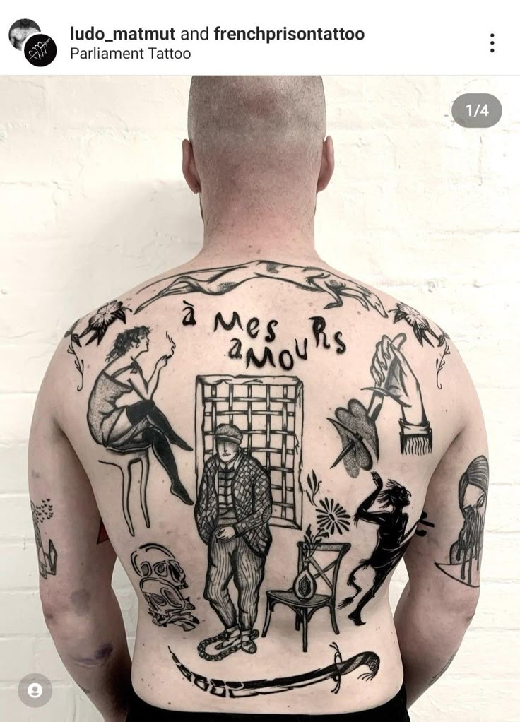 the back of a man with tattoos on his body