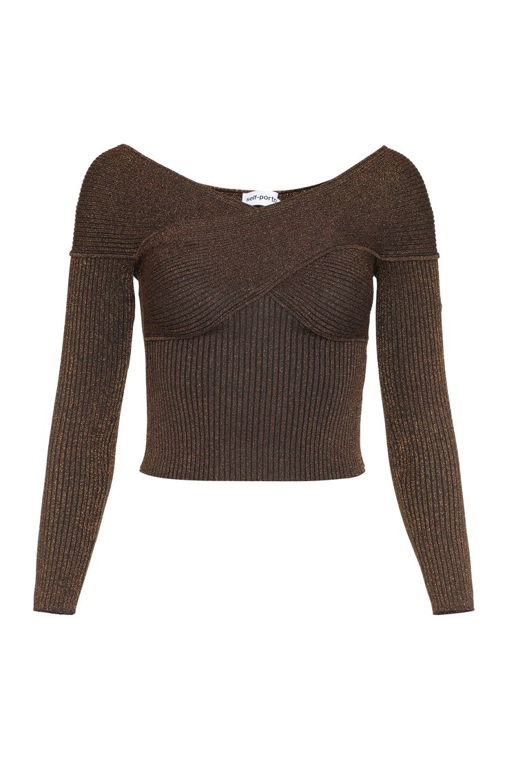 BROWN SELF-PORTRAIT KNITTED LUREX TOP Crop Top Off Shoulder, Self Portrait Clothing, Lurex Top, Lurex Knit, Crop Top Casual, Crochet Shirt, Off Shoulder Top, Knitwear Tops, Off Shoulder Tops