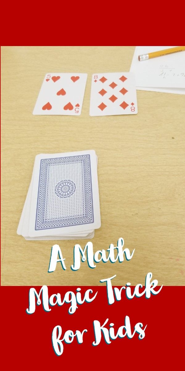 a math magic trick for kids with playing cards and pencils on the table next to it