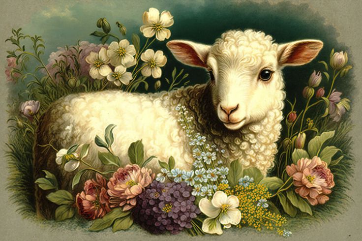 a painting of a sheep surrounded by flowers