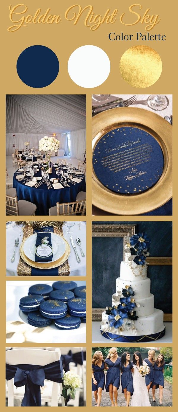 a collage of photos with blue and gold colors on them, including a wedding cake