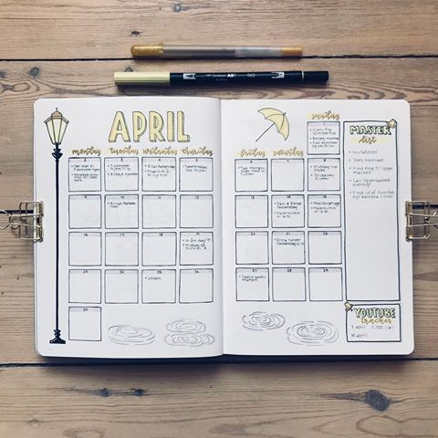 •• My April monthly log •• I’m sticking to the calendar overview - mostly cause I really like the look of it 🙈😅 But also because it’s the type if monthly log that has worked the best for me, out if the few I’ve tried 💛 . I kept this in a theme that matches my cover page, but for my weeklies I’m still experimenting with the style of my most recent weekly log post 🤗 . What type of monthly log do you prefer?☂️ . #bujo #bujolove #bujo2018 #bujoideas #bujoinspo #bujocommunity #bujoinspire #bujoin Journal Guide, Minimalist Bullet Journal, April Bullet Journal, Bullet Journal Monthly Spread, Bullet Journal Page, Bullet Journal 2019, Bullet Journal Mood, Bullet Journal Notebook, Diary Ideas