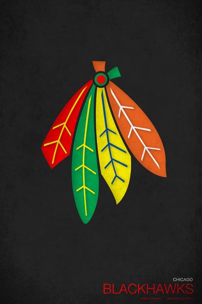 the chicago black hawks logo on a black background with red, yellow and green leaves