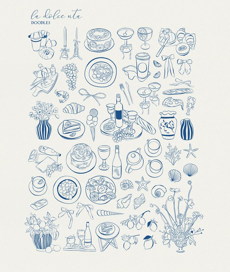 a blue and white drawing of various food items