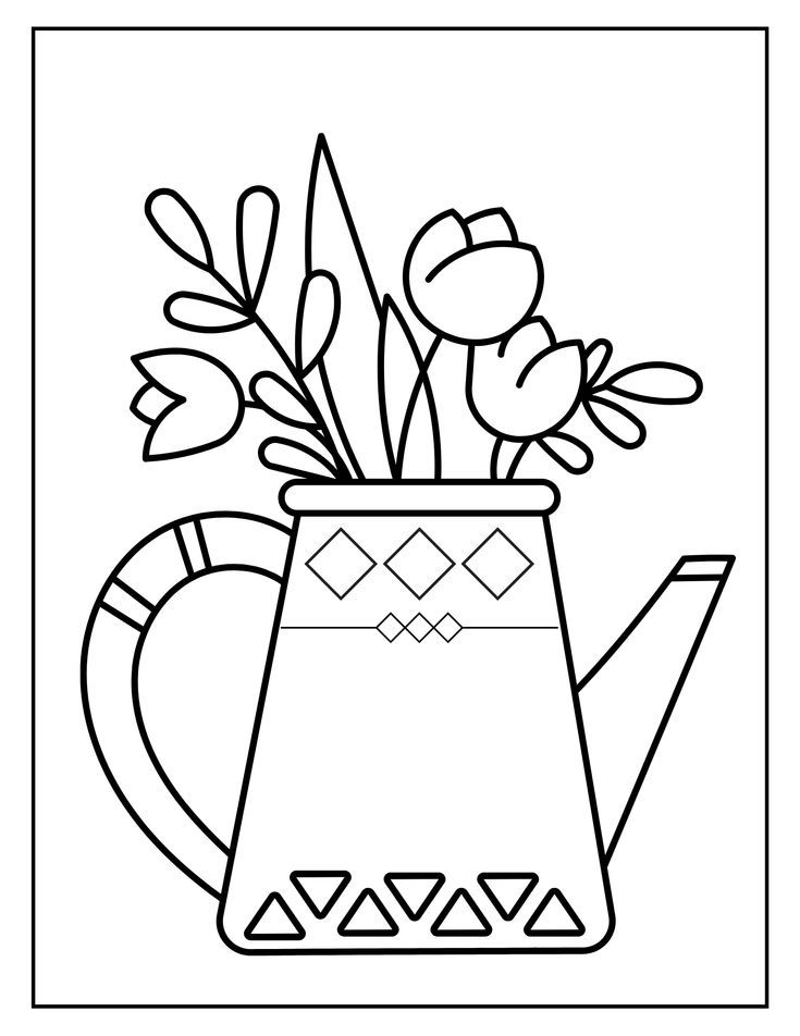 a watering can with flowers in it coloring pages for kids, free printable worksheet