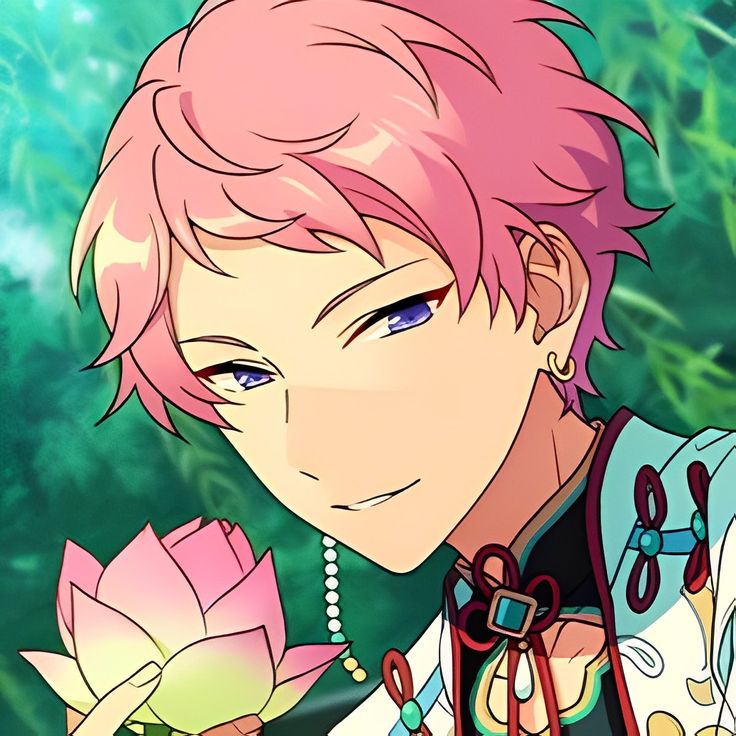 an anime character with pink hair and blue eyes holding a flower in front of his face