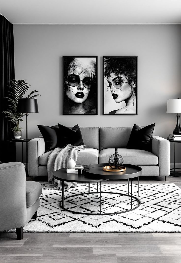 Grey Couch Living Room Grey Living Room Couch Decorating Ideas, Small Apartment Grey Couch, Monochrome Decor Living Room, Black White Grey Blue Living Room, Grey Couch Black Coffee Table, Styling A Grey Couch, Small Living Room Ideas Grey, Grey Themed Living Room, Light Grey Couch Living Room Ideas