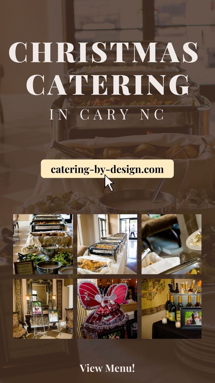 christmas catering in carying flyer with images of food and drinks on the counter top