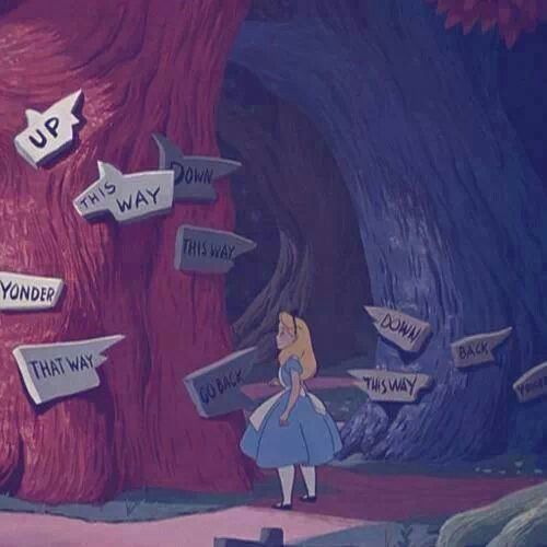 an animated image of a woman standing in front of a tree with signs on it