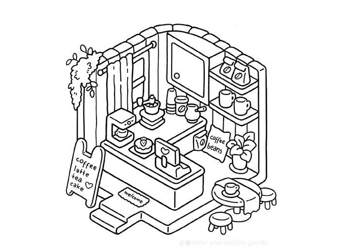 a black and white drawing of a kitchen