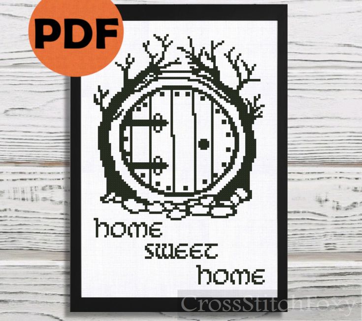 a cross stitch pattern with the words home sweet home on it and an image of a door