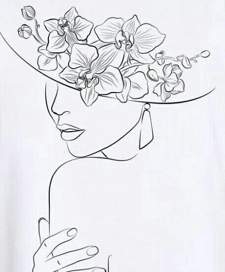 a black and white drawing of a woman with flowers in her hair wearing a hat