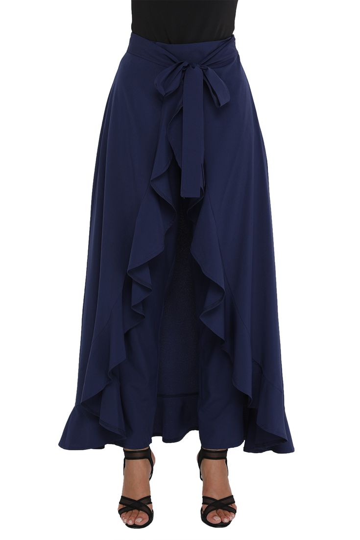 Navy Chiffon Tie-waist Ruffle Palazzo Pants Flowy Wide-leg Bottoms With Ruffles, Flowy Chiffon Bottoms With Ruffles, Chic Chiffon Ruffled Skirt Bottoms, White Ruffled Chiffon Skirt, Summer Chiffon Ruffled Bottoms, Summer Chiffon Bottoms With Ruffles, Elegant Wide Leg Ruffled Skirt Bottoms, Elegant High Waist Ruffled Bottoms, Chic Chiffon Bottoms With Ruffles